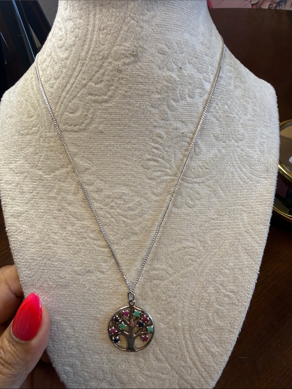 Silver Tree of Life Pendant Necklace with rubies, sapphires, and emeralds.